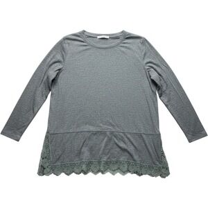 Cactus + Pearl Blouse Womens XXL Green Round Neck Long Sleeve Crochet Tunic Top